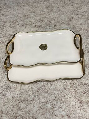 Luxury White Porcelain Serving Platters with Gold Rim and Handles - Set of 2